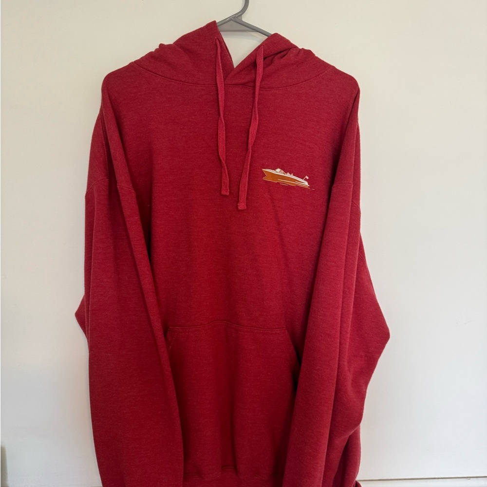 Lake Geneva Red Hoodie with Boat Embroidery